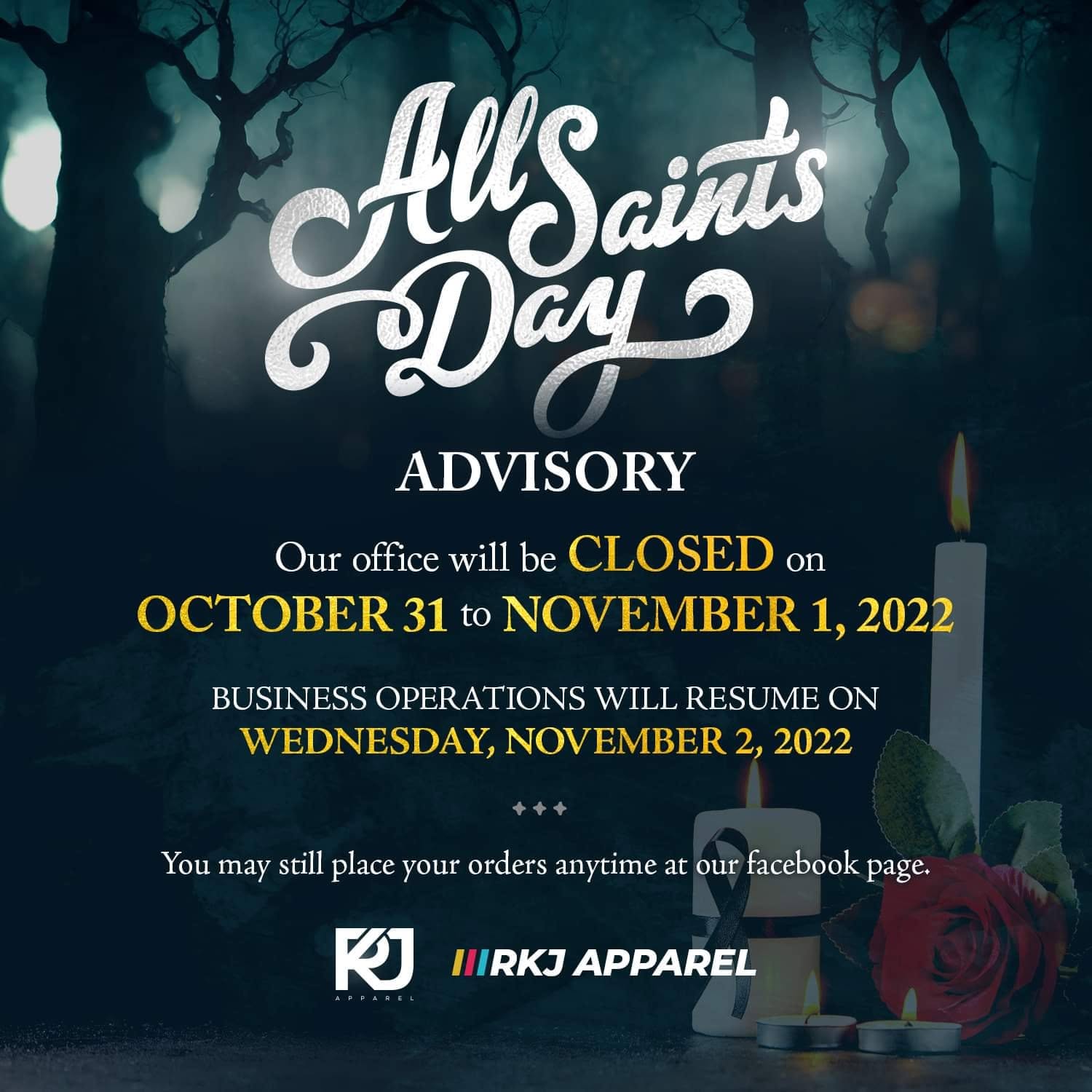 RKJ Apparel — All Saints Day advisory